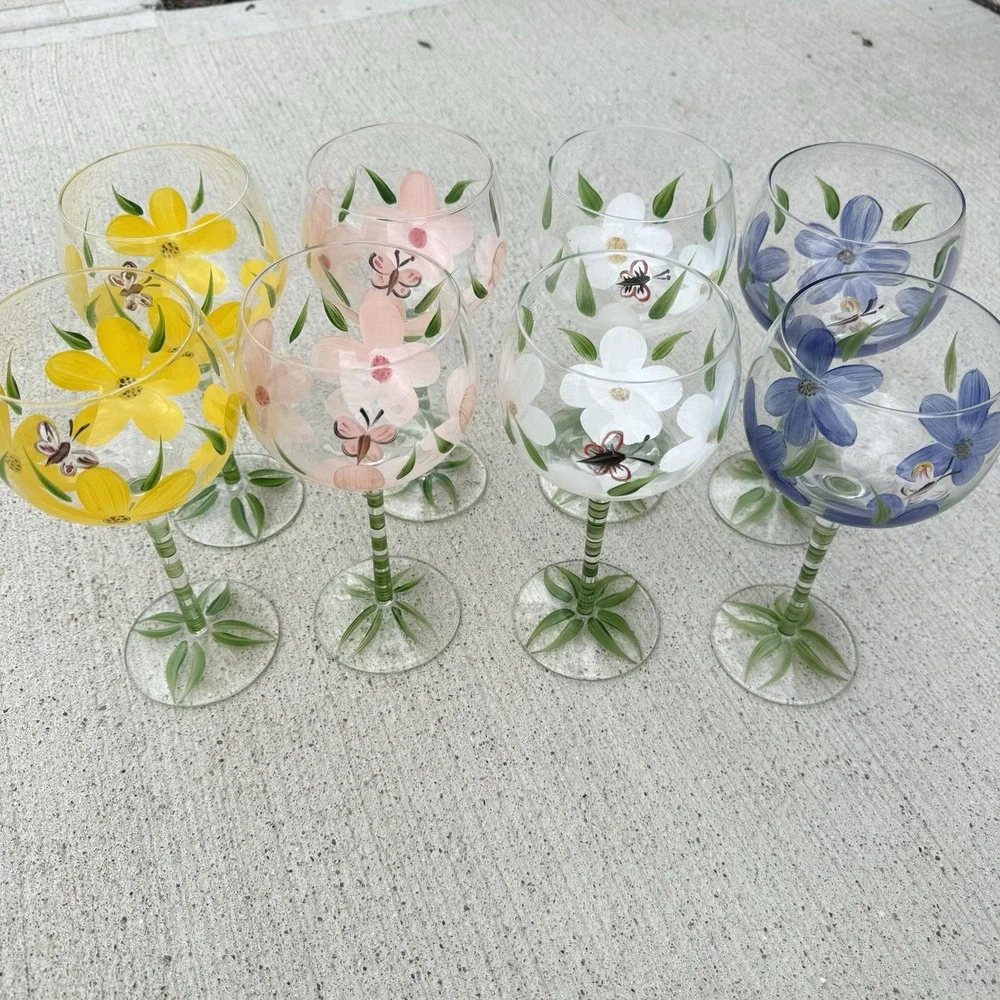 Vintage Hand Painted Wine Glass Floral Pansies Daisy 1970s Retro Kitchen Lot 8